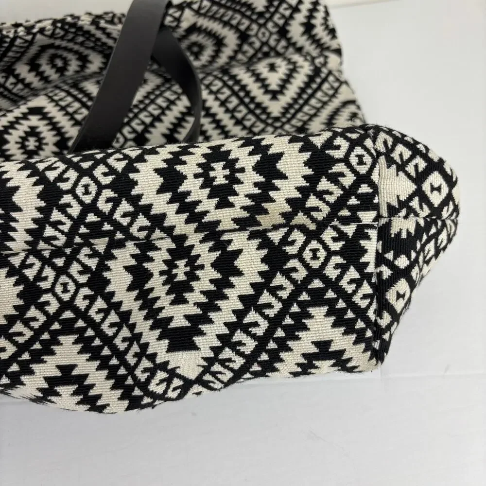 Lucky Brand Aztec Boho Tote Bag Purse Black White Leather Straps large